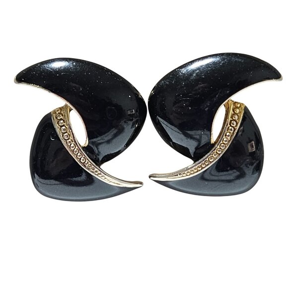 Vintage Black Gold Earrings Textured Detail Enamel Finish Fashion Jewelry Women - Picture 1 of 4